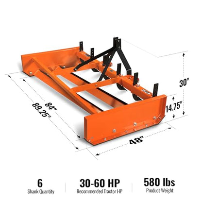 84" Heavy Duty Tractor Land Leveler Land Plane Scraper Grader Attachment with 6 Shanks 3 Point Hitch,Cat. 1, 30-60HP, Model LP84
