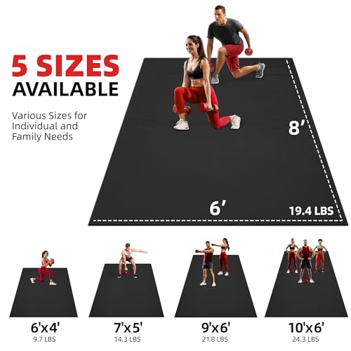 GymCope Extra Large Exercise Mat 10'x6'/9'x6'/8'x6'/7'x5'/6'x4' (8mm) | Thick Workout Mat for Home Gym & Garage Flooring, Shoe-Friendly, High-Density, MMA, HIIT, Weight Lifting, Cardio&Strength - color: 8'x6'x8mm-Black