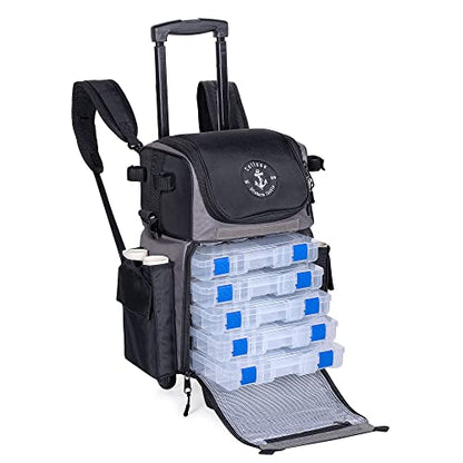 Calissa Offshore Rolling Fishing Tackle Box with Wheels, Waterproof Fishing Backpack with Rod Holders Storage Bag Roller