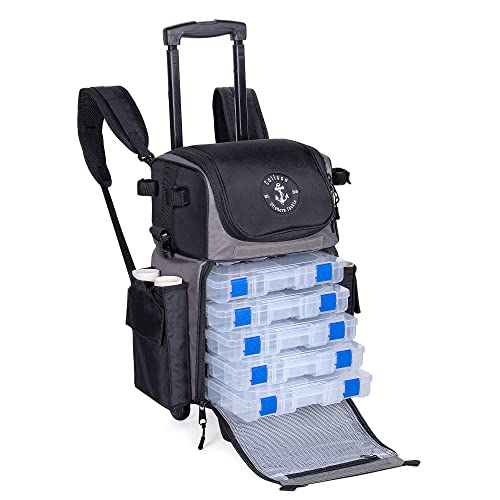 Calissa Offshore Rolling Fishing Tackle Box with Wheels, Waterproof Fishing Backpack with Rod Holders Storage Bag Roller