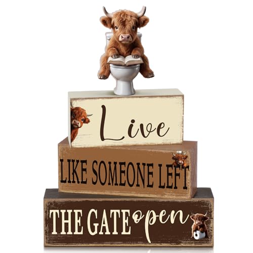 4 Pcs Highland Cow Bathroom Decorations Bathroom Wooden Table Centerpiece Blocks Highland Cow Tiered Tray Decor Live Like Someone Left The Gate Open Sign for Indoor Home Desk Room Shelf Decor - style: Highland Cow