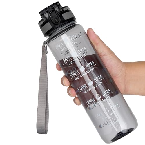 OLDLEY Water Bottle, 32oz Motivational Sports Water Bottle with Time Marker - Times to Drink - Tritan, BPA Free, Wide Mouth Leakproof,Smoke Grey - color: Smoke Grey, size: 32 Ounces