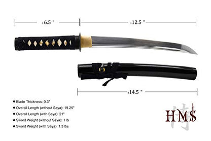 Hand Forged 1045 Carbon Steel Musashi Crest Tanto Full Tang Sword | functional edge for dojo practice, wavy temper, bo-hi groove, openwork guard, rayskin grip