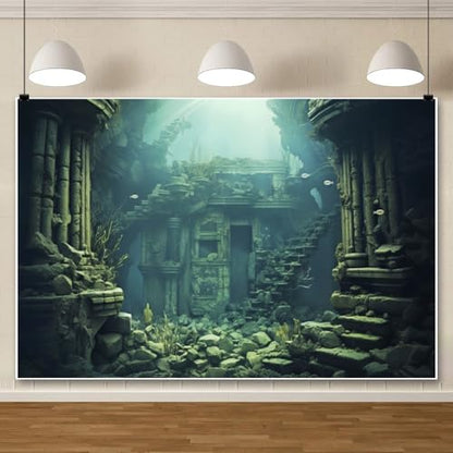 7x5ft Underwater Backdrop Undersea Roman Building Gothic Style Palace Mid Century Photography Background Aquarium Building Stone with Fish Seaweed Deep Sea Sunlight Decor