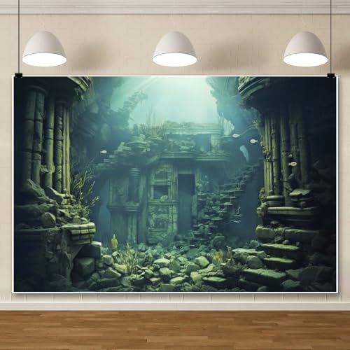 7x5ft Underwater Backdrop Undersea Roman Building Gothic Style Palace Mid Century Photography Background Aquarium Building Stone with Fish Seaweed Deep Sea Sunlight Decor