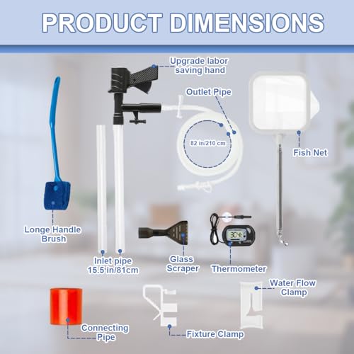 Fish Tank Cleaner Kit with Digital Thermometer, Gravel Vacuum for Aquarium, Aquarium Vacuum & Siphon, Fish Tank Cleaning Kit, Safe for Shrimp & Small Fish