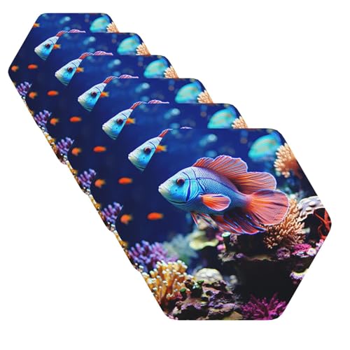 Drink Coasters Set of 6 Leather Coasters for Drinks Coral Reef Fish Aquarium Round Cup Mat Pad Heat Resistant Funny Cup Coaster for Tabletop Protection,4 Inches - color: Hexagon