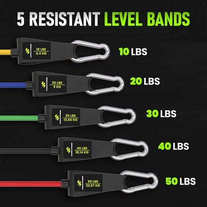 Resistance Bands with Handles Set of 5 (10–50 lbs), Home Gym Workout Kit | Includes door anchor Includes ankle straps 10-50 lbs resistance Carry bag included