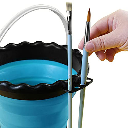 Foldable Artist Brush Washer, Collapsible Bucket Silicone Multi-Use Bucket Brush Cleaning Basin with Brush Holder Rest Place and Handle Bar for Travel on-The-go Painting