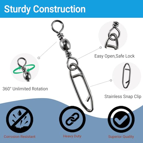 High Strength Fishing Swivels Stainless Clips Steel Snap Swivels Barrel Connector Saltwater Swivel Fishing Rolling Black Nickel - size: Size 4+M (57lb) 50 pcs