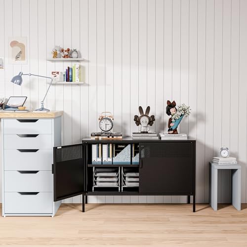 2 Door Storage Sideboard, Metal Storage Cabinet with 2 Adjustable Shelf,Multipurpose Metal Accent Cabinet for Office Home,Music Studio (Black, 25''H)