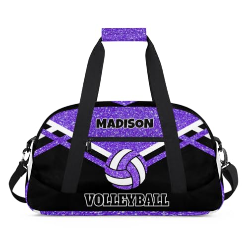 Custom Name Overnight Duffel Bag Volleyball Bag Purple Black Glitters | Personalized Sports Gym Bag Travel Weekender Bags - color: Purple Black