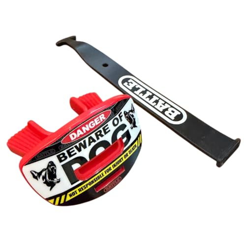 Battle Speed X Mouthguard | Interchangeable thick strap clicks securely from the back, Connected for tackle or strapless for flag, Large center venting - color: Beware of Dog