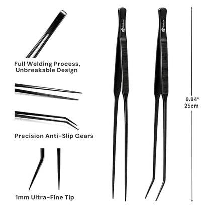 LINLAN 9.8-Inch Aquarium Aquascaping Tool Kit, Fully Rounded Edges Curved Scissors and Tweezers, Carbonized Anti-Rust, for Aquatic Plant Planting, Layering Shaping & Daily Maintenance - size: Matte Black