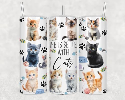Life Is Better With Cats Skinny Tumbler 20Oz - Happy Mother's Day Tumbler - Birthday Gifts - Gift For Cat Lovers - Gift For Cat Mom And Dad - Cute Cats Mug