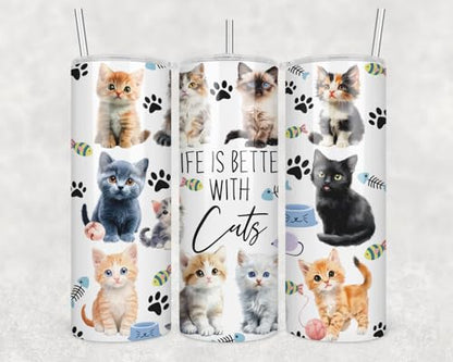 Life Is Better With Cats Skinny Tumbler 20Oz - Happy Mother's Day Tumbler - Birthday Gifts - Gift For Cat Lovers - Gift For Cat Mom And Dad - Cute Cats Mug