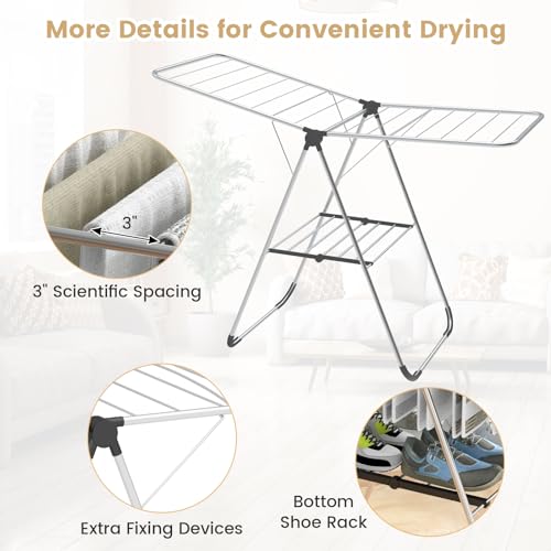 Tangkula 2-Level Collapsible Clothes Drying Rack w/Height-Adjustable Wings | Light-Weight Aluminum | Bottom Shoe Rack | No Assembly | Foldable & Space-Saving| for Laundry Room, Balcony, Patio | Silver