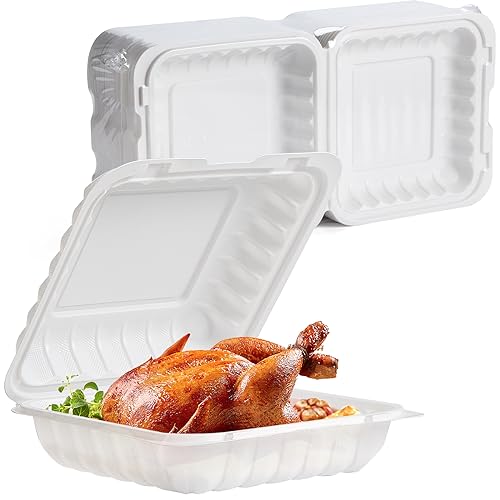 White To Go Containers 8" 34 oz 55 Pack - Shrink Wrap Ready to Use | Mineral Filled PP BPA Free Clamshell Boxes | Food Grade Freezer Microwave Dishwasher Safe | Bulk for Catering & Restaurants - size: 8 inch 34 oz