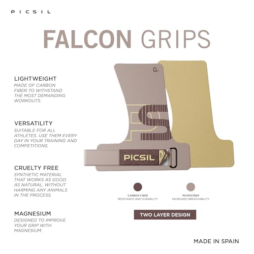 PICSIL Falcon Grips Pack, Carbon Fiber Grips, Use with Chalk | Includes professional grips, wrist wraps, and a carry bag. Ideal for functional fitness, gymnastics, and strength training. - color: Taupe, size: G(S-M)
