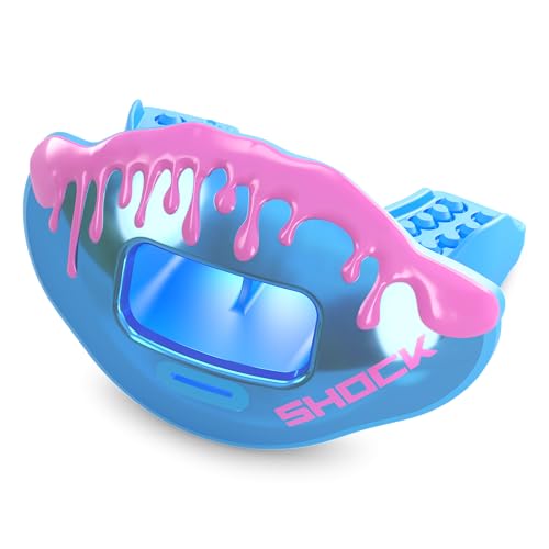 Shock Doctor Lip Guard, Adult and Youth Mouth Guard Football with Strap, Breathable Wide Opening Football Mouthpiece for Youth and Adults OSFA, Shock Doctor Mouth Guards, Max Airflow - color: Pink/Columbia Blue