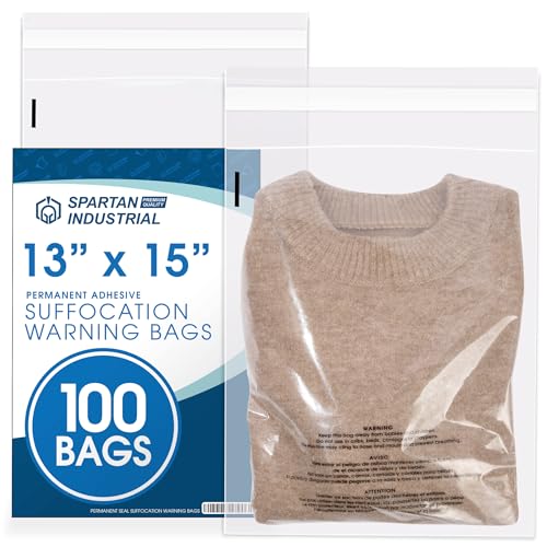 Spartan Industrial - 13” X 15” (100 Count) Self Seal Clear Poly Bags with Suffocation Warning for Packaging, T Shirts & Shipping- Permanent Adhesive - size: 13" X 15"