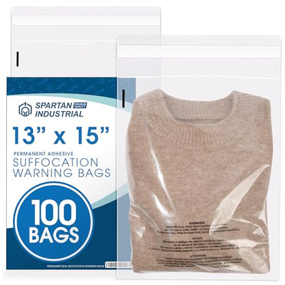 Spartan Industrial - 13” X 15” (100 Count) Self Seal Clear Poly Bags with Suffocation Warning for Packaging, T Shirts & Shipping- Permanent Adhesive - size: 13" X 15"