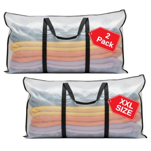 68.5 GAL 2 Pack XXL Jumbo Extra Large Heavy Duty Stronger Handles Storage Bags Moving Totes Zippered Reusable Wrap Around Handle Storage Totes (Translucent/Semi-Transparent)