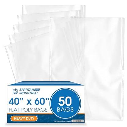 40" X 60" Open-End Flat Poly Bags (50 Count) - 2 Mil Clear Plastic Bags for Packaging, Shipping, Storage - No Adhesive Strip - Spartan Industrial - size: 40” X 60”