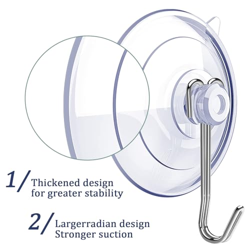 Suction Cup Hooks,6 PCS Clear Suction Cup for Glass Window Decor Shower Bathroom Glass Window Shower Kitchen, Reusable PVC Cups with Removable Stainless Hooks, Assorted (6)