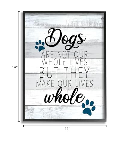 Stupell Industries Dogs Make Our Lives Whole Paw Icon Striped Backdrop, Design by Kim Allen - size: 14"L x 11"W, style: Black Framed