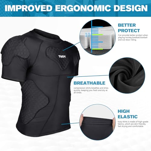 New Football Rib Chest Protector Shirt Padded Compression Shirts 6 Pads Adult Sizes Dark Black - color: Dark Black, size: X-Large