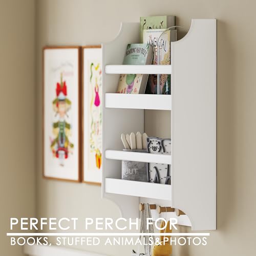 UTEX Floating Nursery Bookshelves, 2-Tier Wall Shelf with 3 Hooks, White