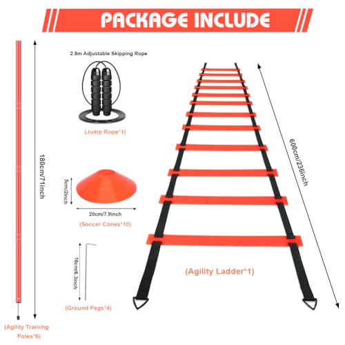 HOTOOLME Agility Training Poles Equipment Soccer Training Equipment Includes 6 Agility Poles,Agility Ladder, 10 Soccer Cones,Jump Rope for Speed Training, Soccer Training, Basketball Athletes & Kids - color: Orange