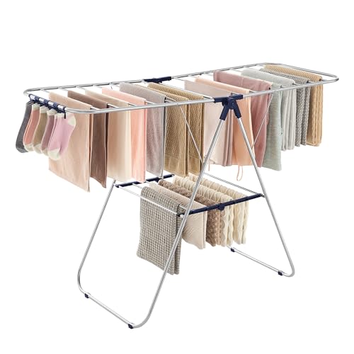 SONGMICS Clothes Drying Rack, Foldable Space-Saving Steel Laundry Rack - color: Silver + Blue, size: 1 Tier （21.7"d x 58.3"w x 39.4"h）