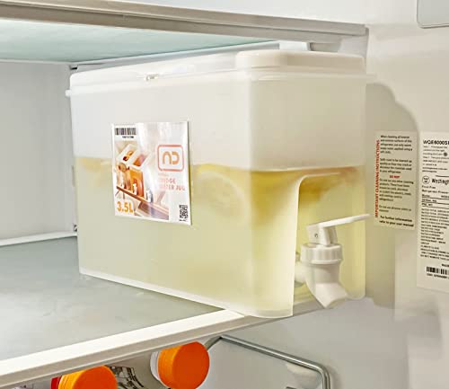 NDBOX Slim Fridge Jug 0.92Gal or 3.5L with Faucet for Water, Iced Tea, Fruit Juice, Softdrinks, Milk, Beverages Dispenser - Hot or Cold Drinks for Parties - Spacesaver Container (White Jug 1pc)
