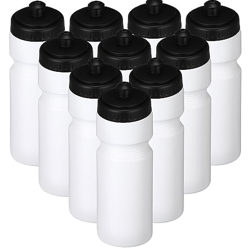 Sunnyray 10 Pcs Squeeze Sports Water Bottle 23 oz Reusable Blank Plastic Sports Water Bottle with Pull Top Cap for Adults Fitness Bike, Dishwasher Safe(White)