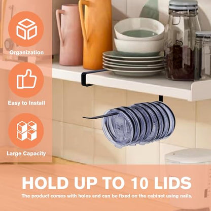 Tumbler Lid Organizer, Tumbler Lid Hook for 0.6-0.8 inch Cabinet Shelves, Space Saving Cup Lid Holder Under Cabinet Hook Up to 12-15 Lids, Storage Rack for Kitchen, Black