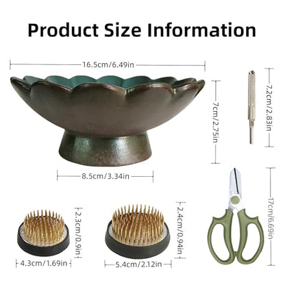WEOPYCJ Japanese Ikebana, Lotus Shaped Ceramic Bowl Vase, Flower Arranging Supplies Kit with 2pc Round Floral Frog 1 Scissors 1 Kenzan Straightener