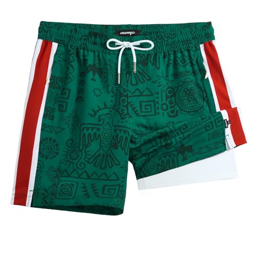 maamgic Mens Swim Trunks - Mens Bathing Suit with Compression Liner 7 Inch Quick Dry Fshion Stretch Zipper Pockets Swimwear - color: Red Green-white, size: Large
