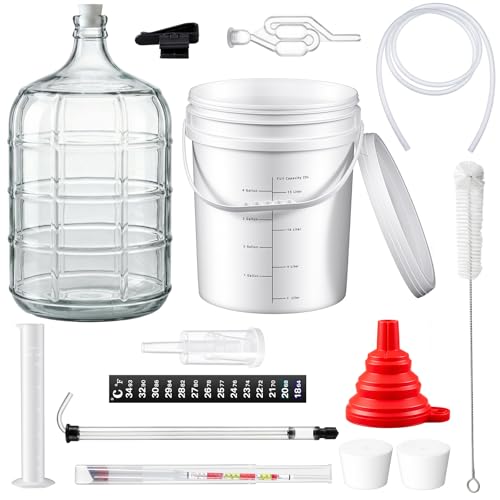 Wine Making Kit Include 5 Gallon Carboy, 6.5Gallon Bucket,Lid, Automatic Siphon, Hydrometer, Alcohol Percentage Tester, Bottle Filler, Airlock, Plug Funnel for Primary & Secondary Fermentation