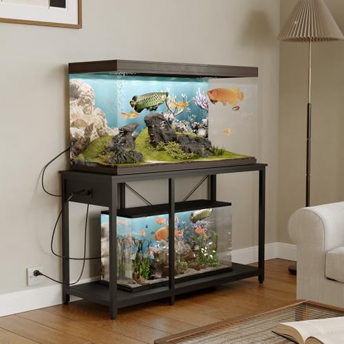 55-75 Gallon Fish Tank Stand with Power Outlet & LED Light, Metal Aquarium Stand with 3 Tier Adjustable Storage Shelves, for Reptile & Turtle Tank, 52" L*19.5" W, Black