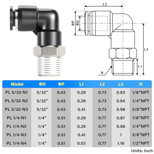TAILONZ PNEUMATIC Male Elbow 1/4 Inch Tube OD x 1/8 Inch NPT Thread 90 Push to Connect Fittings PL-1/4-N1 (Pack of 5) - size: 1/4'' OD 1/8''MNPT