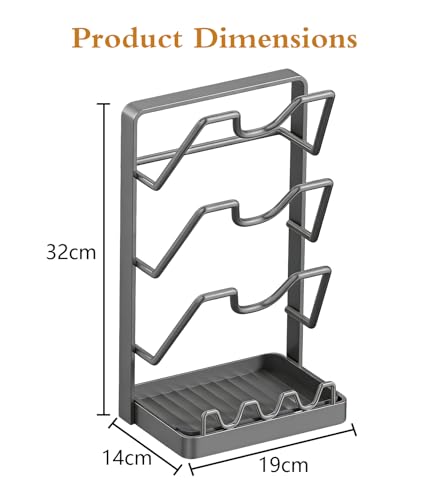 3-Tier Stainless Steel Pot Lid Holder, Grey | Extra Wide U-Shaped, Removable Drip Tray, No Plastic Silver, Fits Lids Up to 12 Inches - color: Grey