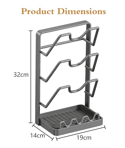 3-Tier Stainless Steel Pot Lid Holder, Grey | Extra Wide U-Shaped, Removable Drip Tray, No Plastic Silver, Fits Lids Up to 12 Inches - color: Grey