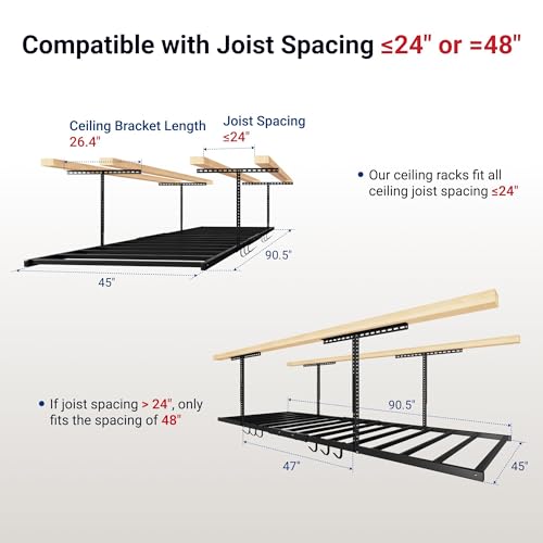 FLEXIMOUNTS 4x8 Overhead Garage Ceiling Storage Rack with 6 Hooks, Black | 750lbs Capacity, 22.6"–39.4" Adjustable Dropdown, Heavy-Duty Metal Ceiling Racks, Storage Organization System, Lite Series - color: Black