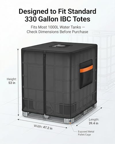IBC Tote cover 275-330 gallon water tank protection covers zipper 600D heavy waterproof sunscreen material 1000L outdoor garden water tank cover (330 gallon Black)