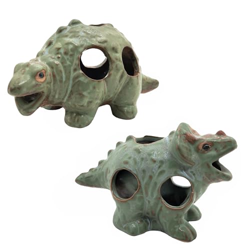 M2cbridge Aquarium Ceramic Cave Rock for Betta Shrimp Cichlid Fish Hideout Decor (Small Dinosaur 2pcs)