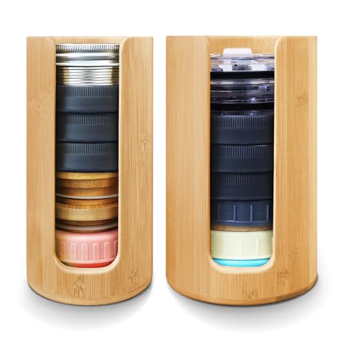 Mason Jar Lid Organizer (2pcs), Mason Jar Lid Storage Made of Bamboo, Suitable for Mason/Canning/Bamboo Lids(WIDE/REGULAR), Fit Perfectly, Stackable Steady