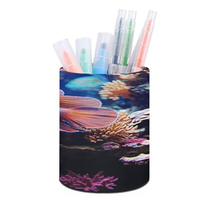 Coral Reef Fish Aquarium Pen Holder PU Leather Pencil Holder Round Makeup Brushes Cup Holder for Desk Office Pen Organizer Large Capacity Pencil Holder for Home Study Room