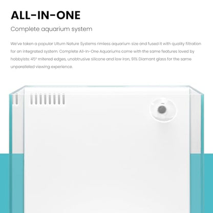 Ultum Nature Systems Rimless All in One Aquarium - Cube Fish Tank, Freshwater AIO Aquarium, Rimless Fish Tank w/Triple-Chamber Filter & White Background - 7 Gallon - 11.81" x 11.81" x 11.81" - 30A